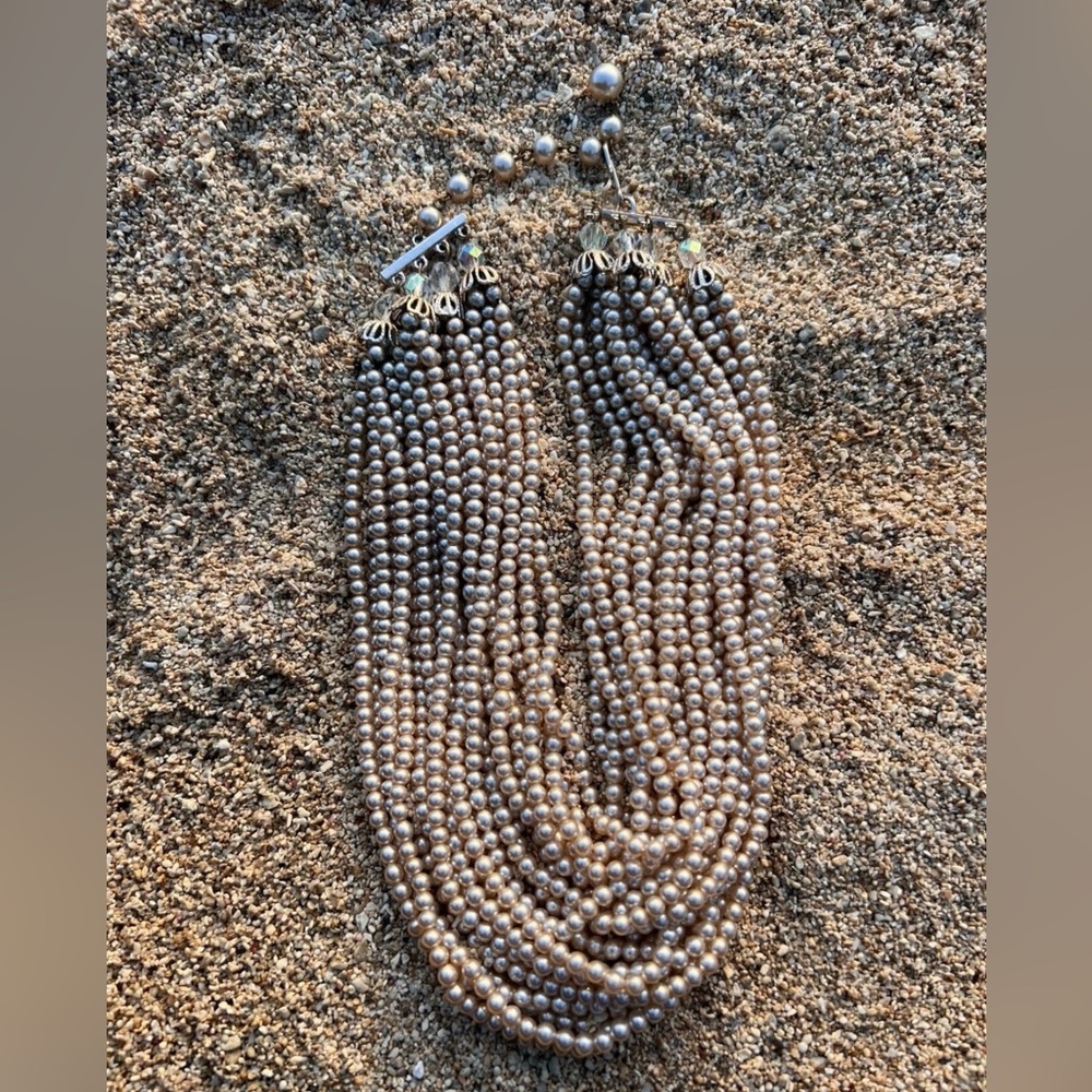 Vintage Multi Beaded Faux Pearl Bead Strand Necklace Choker Ivory‎